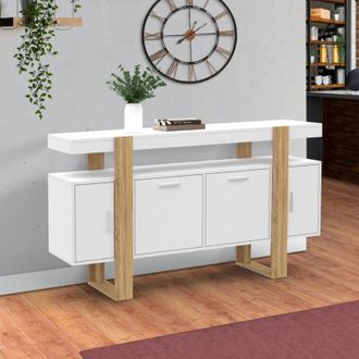 IDMarket Phoenix Aparador 4 puertas blanco y madera 140 cm