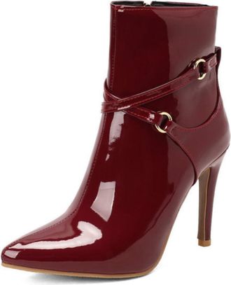 Generic Womens Patent Leather Cross-Strap Buckle Short Boots with Pointed Toe & Side Zipper for Party,Red,7.5 UK