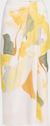Vince Painted Satin-Viscose Midi Skirt