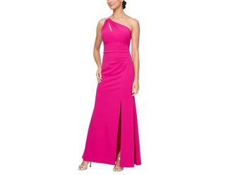 Alex Evenings Long Crepe One Shoulder Dress with Embellished Strap Detail Womens Dress Fuchsia : 10, Polyester/Spandex