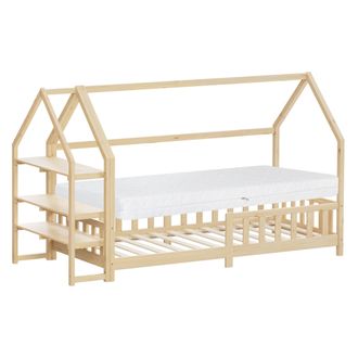ML Design Ml-design Cama Infantil 90x200cm Natural, Con Colch&oacute;n Al:16cm, Protecci&oacute;n Antica&iacute;da, Techo Y Somier, Listones De Madera De Maciza De Pino Lecho Montes