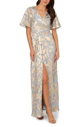 Adrianna Papell Metallic Leaf Jacquard Draped Gown in Light Blue/Gold at Nordstrom, Size 10