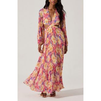 ASTR the Label Revery Floral Pleated Cutout Long Sleeve Maxi Dress in Yellow Pink Floral at Nordstrom Rack, Size X-Small