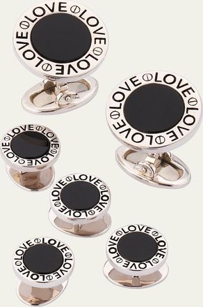 Jan Leslie Mens Black Onyx Love Sterling Silver Cufflink and Stud Set