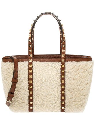 Valentino Rockstud Mini Shearling & Leather Tote