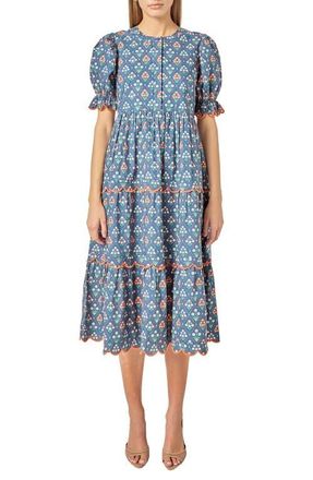 English Factory Ditsy Floral Scallop Trim Tiered Midi Dress in Navy Multi at Nordstrom, Size X-Small