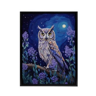 Artery8 Great Horned Owl In Lavender Field Framed Canvas Wall Art Print in Blue | Size: W24 x H32