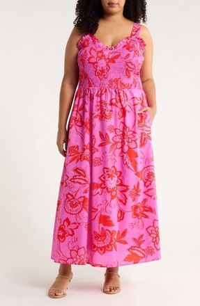 Sugarlips Weirly Floral Smocked Bodice Cotton Maxi Sundress in Pink-Red-Multi at Nordstrom, Size 1X