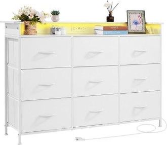 OEM C&oacute;moda De Tela, C&oacute;moda Alta 1260 X 320 X 845 Mm Con 9 Cajones, Marco De Metal Resistente, Luces Led Y Toma De Corriente Incorporada, Torre De Almacena