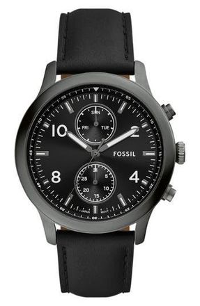 Fossil Bennett Chronograph Leather Strap Watch, 45mm in Black at Nordstrom Rack