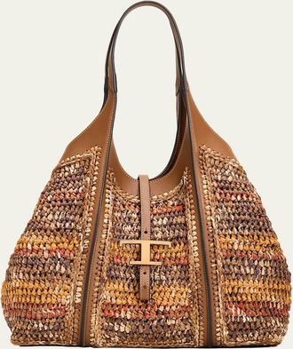 Tod's T Timeless Raffia Shopping Tote Bag
