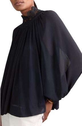 Reiss Czara Lace Accent Smocked Yoke Top in Navy at Nordstrom, Size 12 Us