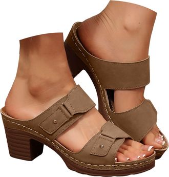 Generic Women Chunky Block Heel Sandals, High Heel Slide Sandals Summer Dressy Open Toe Ankle Strap Chunky Heels Slippers Elegant Slip on with Buckle