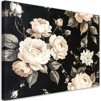 Feeby Cuadro En Lienzo, Rosas Blancas Sobre Fondo Negro Elegante Decoraci&oacute;n Floral De Pared En Estilo Glamour, 120x80