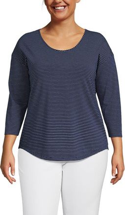 Lands End 3/4 Sleeve Lightweight Jersey U-Neck Tunic in Deep Sea Navy Thin Stripe at Nordstrom, Size X-Small