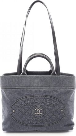 Chanel Black Navy Denim Leather Handbag Tote Bag (Pre-Owned)