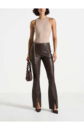 Mani&egrave;re De Voir Ninon Leather Fit And Flare Leggings With Chain in Brown at Nordstrom, Size 16