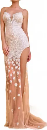 Portia & Scarlett Long Beaded Fitted Column Dress In Champagne