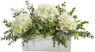 Nearly Natural 15In Hydrangea And Eucalyptus Artificial Arrangement In White Vase