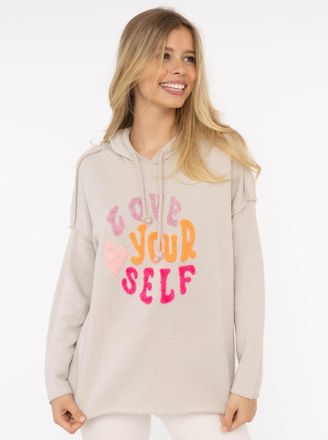 Zwillingsherz Hoodie ZWILLINGSHERZ Love Yourself, Damen, Gr. L/XL, beige, Web, Obermaterial: 70% Baumwolle, 30% Polyester, bedruckt, unifarben, h&uuml;ftbedeckend, ohne 