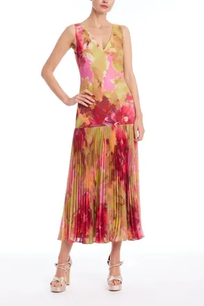Badgley Mischka Drop Waist Pleated Midi Dress In Pink Multi