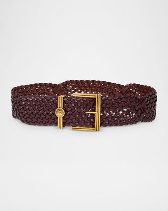Etro Woven Leather Belt with Logo Coin Buckle