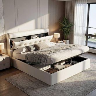 Merax 4ft6 Double PU Upholstered Ottoman Storage Bed with Headboard Storage in White
