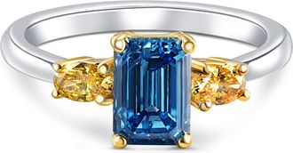 Pompeii3 1 1/4Ct Fancy Blue & Yellow Diamond Engagement Three Stone Emerald Ring 14k Gold