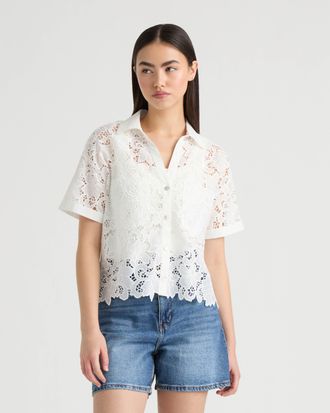 NVLT Womens Short Sleeve Lace Cropped Shirt