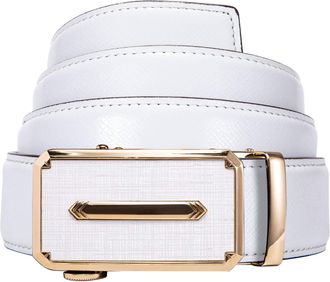 Barry.Wang White Gold Ratchet Belt for Men Leather formal Dress Slide Buckle Automatic Design Golf Wedding Business Dinner Club