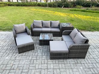 Fimous Indoor Outdoor Rattan Garden Furniture 8 Seater Set Table Sofa Chair Patio Conservatory with Grey Cushions 2 Big Footstool in Dark Grey