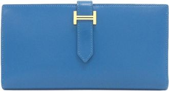 Herm&egrave;s Blue Tadelakt Leather Long Wallet (Bi-Fold) (Pre-Owned)