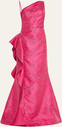 Teri Jon One-Shoulder Metallic Jacquard Trumpet Gown