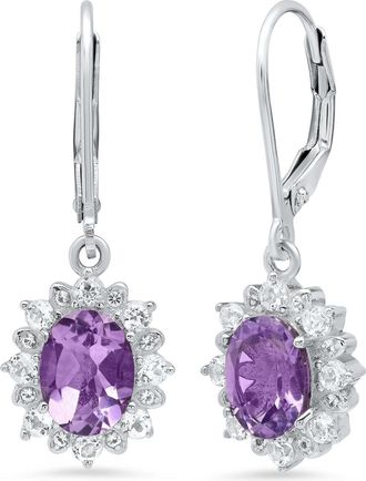 MAX + STONE Sterling Silver Halo Sunburst Oval Gemstone Leverback Earrings with White Topaz Accent