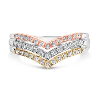 House of Brilliance 10K Gold Plated Sterling Silver 1/3 Cttw Tri-Color Chevron Diamond Stackable Ring