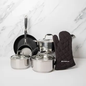 MasterClass MasterClass 6pc Deluxe Cookware Set with 3x Saucepans with Glass Lids, x 1x Saut&eacute; Pan, 1x Milk Pan & 1x Quilted Single Oven Glove | Size: Large