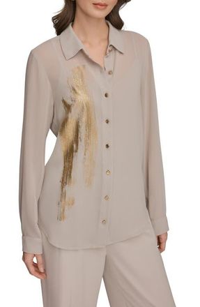 DKNY Metallic Foil Georgette Button-Up Shirt in Turin/Champagne Gold at Nordstrom, Size X-Large