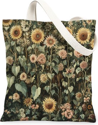 Generic Spring Aesthetic Sunflower Canvas Tote Bag for Shopping 13x15, Vintage Flower Garden Reusable Grocery Print Pattern Bag for Women Men, Floral Wildflow