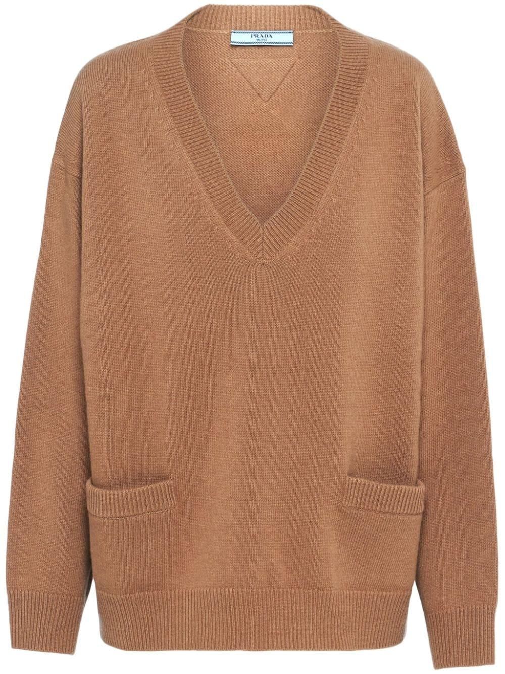 Prada V-Neck Short Sleeve Boxy Wool Sweater | Neiman Marcus