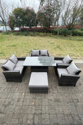 Fimous Rattan Outdoor Furniture Adjustable Rising Lifting Rectangle Dining Table Love Sofa Sets 7 Seater in Dark Grey