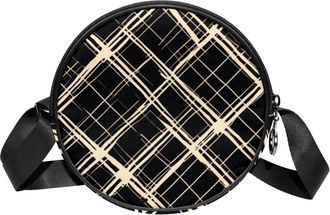 Generic Circle Crossbody Bag for Women, Black Retro Plaid Small Sling Bag Daypack with Zipper Adjustable Shoulder Straps Casual Ladies Girls Round Purse