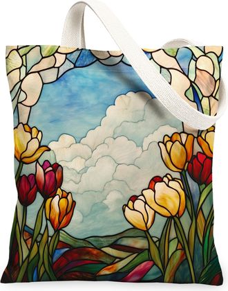 Generic Stained Glass Tulip Flower Canvas Tote Bag for Shopping 13x15, Cool Floral Garden Reusable Grocery Print Pattern Bag for Women, Fun Wildflower Beach A