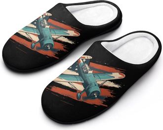 Generic Vintage Airplane US Flag Womens Slippers Warm House Slippers Indoor House Shoes with Anti-Skid Rubber Sole
