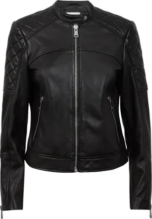 Generic Womens Real Leather Jacket Collarless Quilted Black Zip up Casual Biker Jacket (UK, Alpha, 3XL, Regular, Regular, Leather)