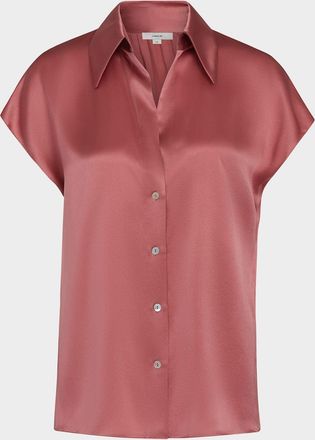 Vince Cap-Sleeve Ruched-Back Silk Blouse