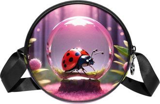 Generic Circle Crossbody Bag for Women, Ladybug Crystal Ball Small Sling Bag Daypack with Zipper Adjustable Shoulder Straps Casual Ladies Girls Round Purse