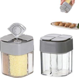 OEM Juego De 2 Especieros 4 En 1, Color Gris Transparente, Bote Multifuncional Con Cuatro Compartimentos Para Sal, Pimienta