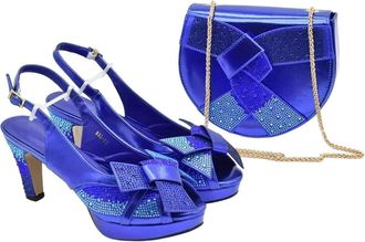 Generic Shoes with Matching Bags Women Wedding and Party High Heels Women Peep Toe Rhinestone Pumps Blue