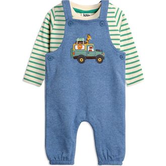 JoJo Maman B&eacute;b&eacute; Stripe Long Sleeve T-Shirt & Safari Truck Appliqu&eacute; Overalls Set in Denim at Nordstrom, Size 18-24M