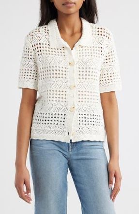 Beach Lunch Lounge Penny Open Knit Short Sleeve Cardigan in White at Nordstrom Rack, Size Small